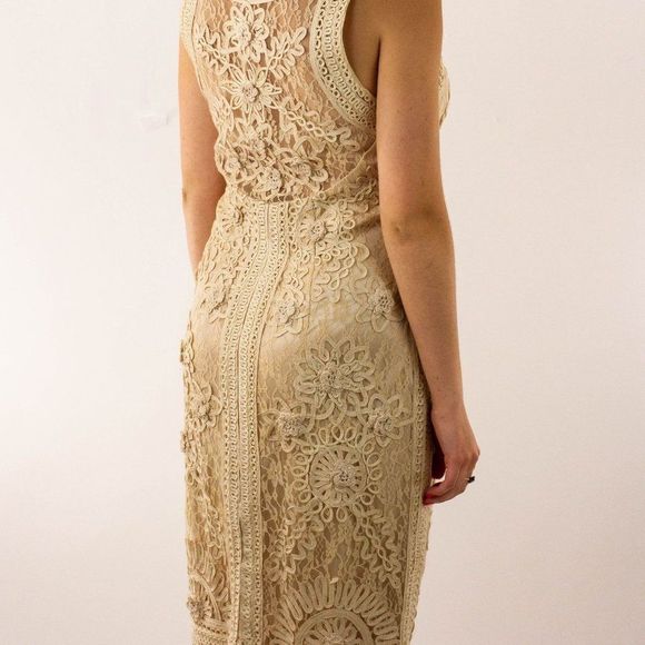 SUE WONG Tan Scrolled Sleeveless Dress with Flower Detailing - Picture 2 of 5